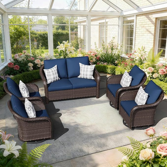 5 PCS Outdoor Conversation Set | 55" Couch, 4 Swivel Chairs, Patio Wicker Conversation Furniture with Removable Cushions for Bistro, Deck, Sunroom (Navy Blue)