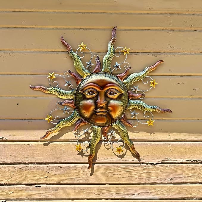TERESA'S COLLECTIONS Sun Metal Wall Art for Outdoor Decor,32" Bronze Sun Face 3D Wall Decor for Garden Decor,Rustic Retro Hanging Sculpture for Outside Living Room Home Patio Farmhouse Gifts for Mom