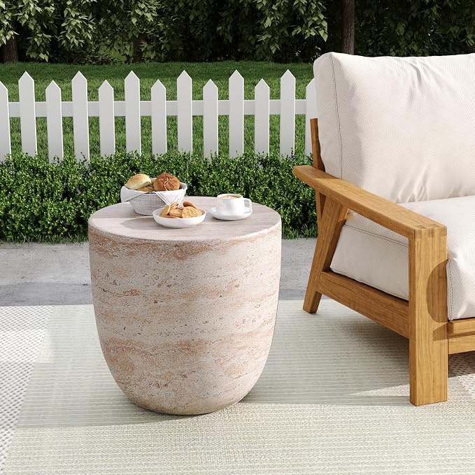 Christopher Knight Home Jaym 15.75" H Indoor Outdoor Accent Side Table, Patio Decorative End Table, Barrel-Shaped Lightweight Concrete Garden Stool for Patio Balcony & Garden Decor, Travertine