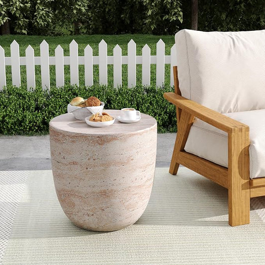 Christopher Knight Home Jaym 15.75" H Indoor Outdoor Accent Side Table, Patio Decorative End Table, Barrel-Shaped Lightweight Concrete Garden Stool for Patio Balcony & Garden Decor, Travertine