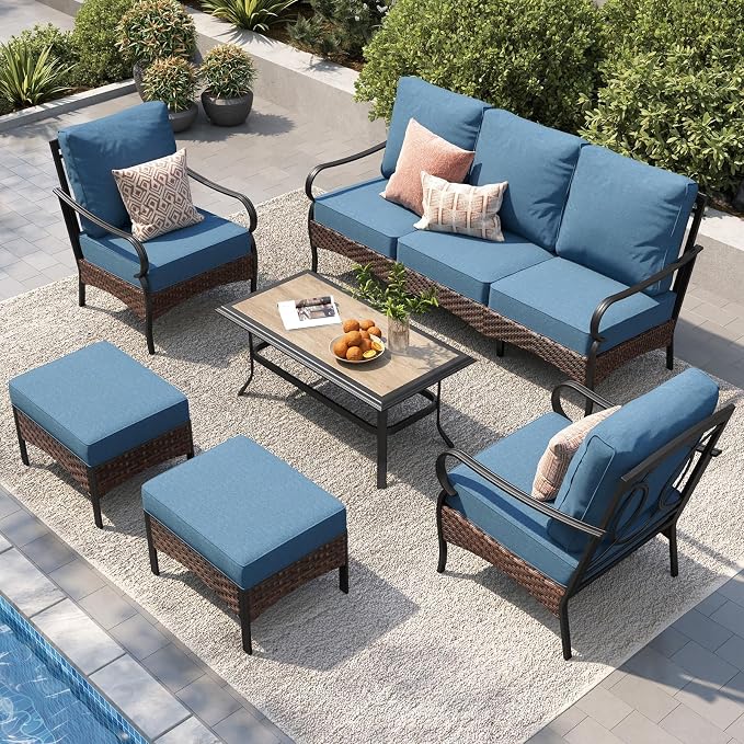 PHI VILLA Patio Furniture Set, Upgraded Wicker & Metal Modern Outdoor Conversation Sets Patio Sectional Fixed Chair Set with Coffee Table & Waterproof Thick Cushions for Porch, Deck(6 Pieces, Navy)
