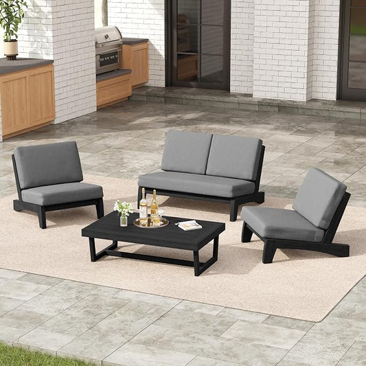 4 Pieces Patio Furniture Sets, All-Weather Outdoor Wood Bistro Set Patio Conversation Coffee Table Chiars and Patio Loveseat for Balcony, Backyard