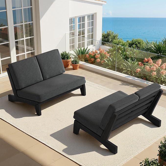 All Weather Patio Furniture Sets, 3 Pieces Black Wood Patio Loveseat Sofa Outdoor Sectional Futniture Backyard Conversation Set with Solid Wooden Coffee Table - Dark Gray