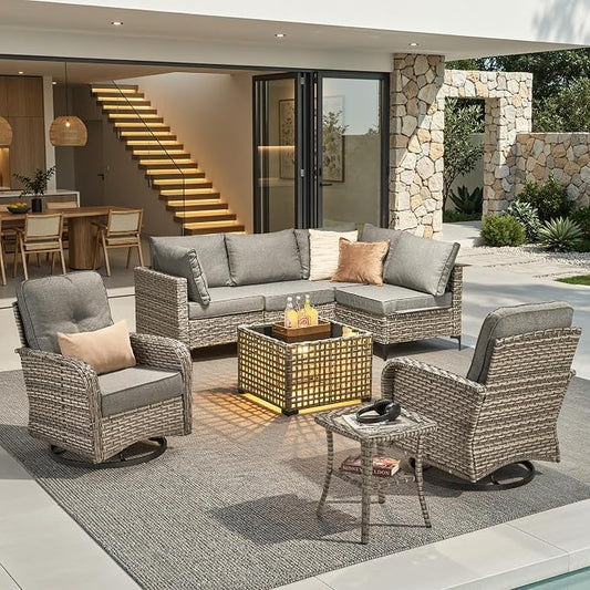 8 Pieces Outdoor Sectional Patio Furniture Set with Swivel Rocking Chairs,Conversation Sets Rattan Wicker L Shaped Couch,Modular Outdoor Sofa for Porch Balcony Backyard Dark Grey