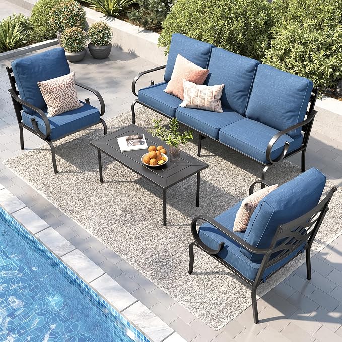 PHI VILLA Patio Furniture Set, 3-Seater Sofa, 2 Fixed Chairs and a Coffee Table, Outdoor Metal Conversation Set with 5.75" Extra Thick Cushion for Garden Backyard Deck, Navy