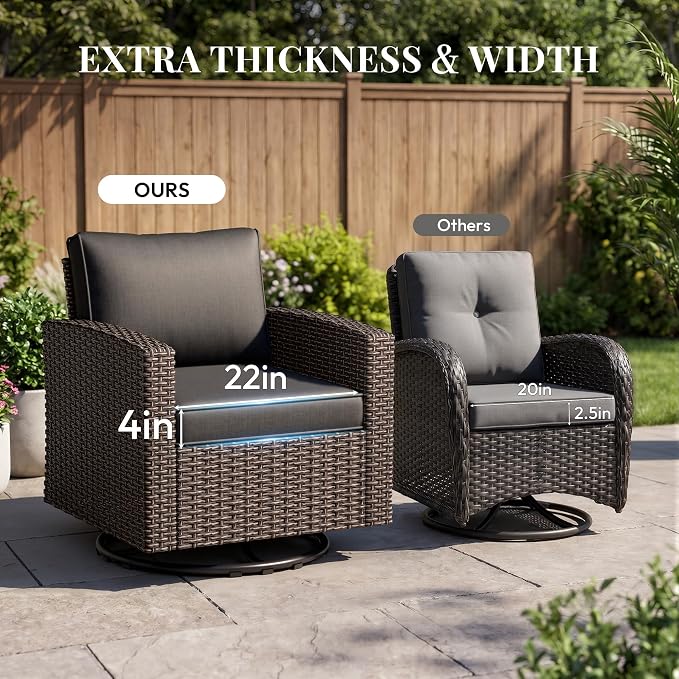 WWR Patio Furniture Set-30% Thicker Wicker-Luxury1 Piece PatioWicker Outdoor Patio Conversation Set with Extra Wide & Thick Cushions, Swivel Rocking Chairs for Backyard, Porch & Deck