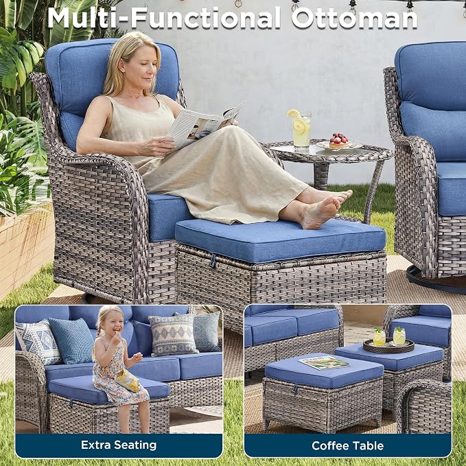 Luxury 6 Pieces Outdoor Patio Furniture Set-All Weather Wicker Outdoor Furniture with Swivel Rocker Patio Chairs 6-inch Extra Thick Cushions Wicker Conversation Set for Garden Porch(Grey/Blue)