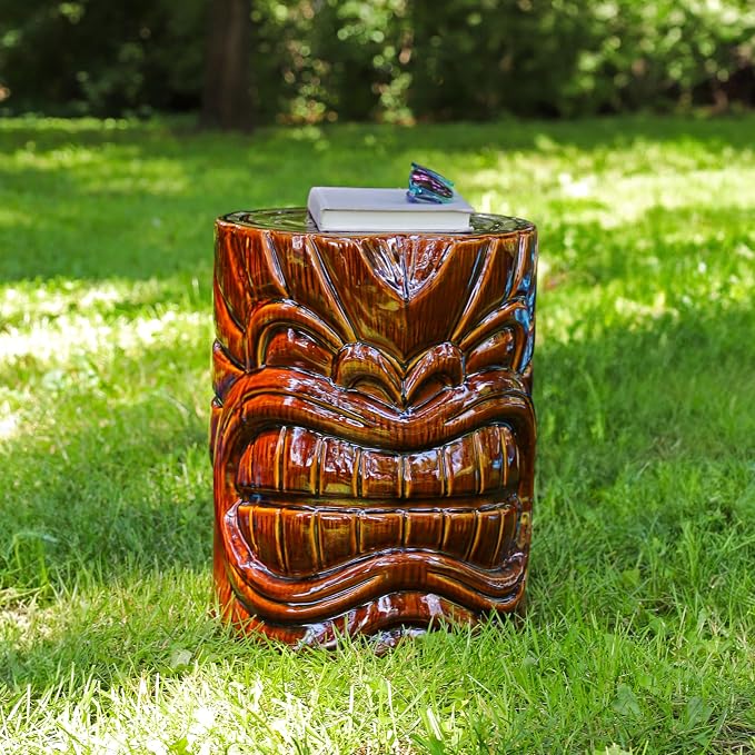 Sunnydaze Tropical Tiki Head Ceramic Garden Stool Side Table with Wood-Look Finish - Indoor or Outdoor Use - 17.25-Inch H