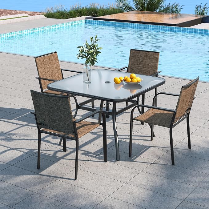 Outdoor 37" Square Glass Table & Brown Stackable Chairs Patio Dining Set 5 | 4 Piece Stackable Chairs Textilene Seat and Back, Table & Chair with Metal Frame, Square Glass Table Top, 1.7" Umbrella Hole