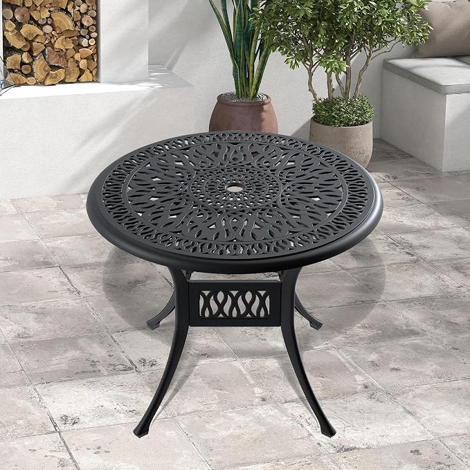 35.43" Round Cast Aluminum Patio Dining Table with Umbrella Hole, Weather-Resistant Black Frame, 160lbs Capacity, Easy Assembly for Outdoor Gatherings