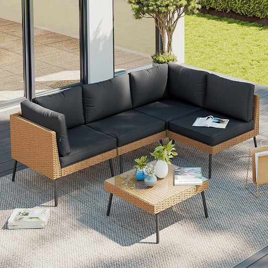 Aoxun Patio Furniture Set, 5 Piece Outdoor Sectional Sofas with Thick Cushion, Wicker Outdoor Patio Furniture Set with Coffee Table for Party, Garden, Backyard, Black