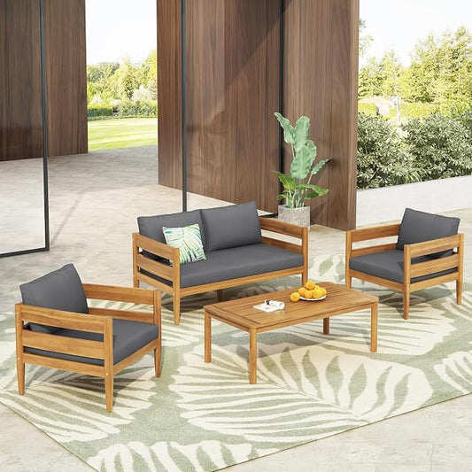 Christopher Knight Home 4-Piece Outdoor Patio Furniture Set, Acacia Wood Conversation Set with Loveseat Coffee Table and 2 Single Chairs Cushions, Slatted Backyard Garden Seating Set, Dark Gray