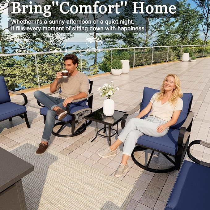 9-Piece Outdoor Furniture Set, Metal Swivel Rocking Chairs with All-Weather Cushions, Patio Conversation Set with Fire Pit Table for Deck, Porch, Garden, Backyard, Poolside (Blue Cushions)