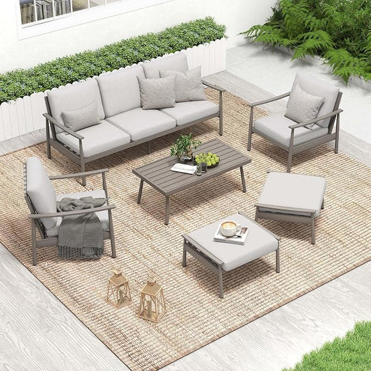 HAPPATIO Patio Outdoor Furniture Set - 6 Pieces Aluminum Outdoor Conversation Set with 1 Three-Seater Sofa, 1 Coffee Table, 2 Armchairs, and 2 Ottomans for Yard, Porch, and Deck (Grey)
