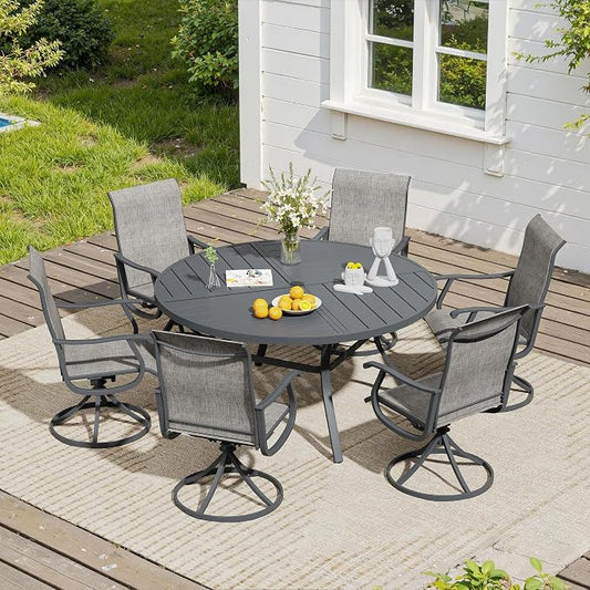 VICLLAX 7 Pieces Patio Dining Set, Patio Furniture Set of 6 Patio Swivel Dining Chairs and 50" Patio Spliced Round Tabletop, Grey Chairs & Dark Grey Tabletop