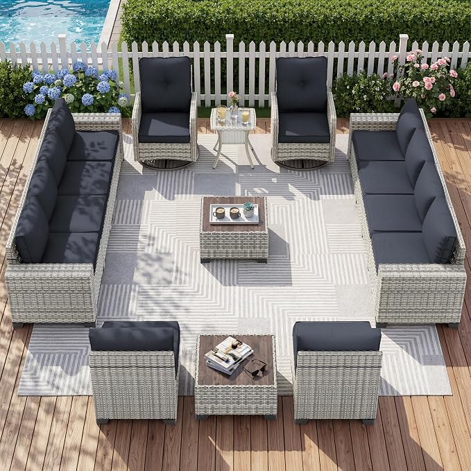 15-Piece Outdoor Patio Furniture Set with Rocking Swivel Chair Wicker Sectional Sofa Set, Patio Conversation Set with Thickened Cushions & Coffee Table for Garden, Backyard, Dark Grey