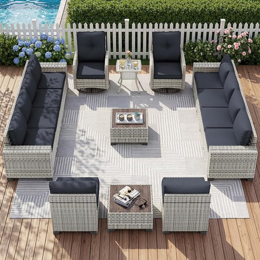 15-Piece Outdoor Patio Furniture Set with Rocking Swivel Chair Wicker Sectional Sofa Set, Patio Conversation Set with Thickened Cushions & Coffee Table for Garden, Backyard, Dark Grey
