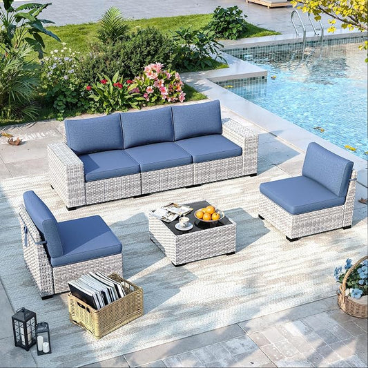 6 Piece Outdoor Sectional Sofa Set, 5-Seats Patio Wicker Conversation Set with 4" Thickened Cushions & Coffee Table, All-Weather PE Rattan for Garden, Backyard, Porch, Blue