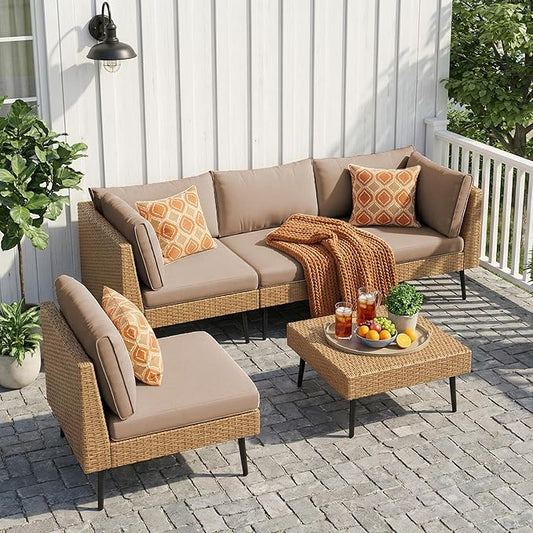 Vikiullf Outdoor Wicker Sectional Sofa Set, L-Shaped Patio Conversation Set with 4" Cushions, Boho Rattan Furniture for Backyard Poolside Deck (Khaki, 5 Pieces)