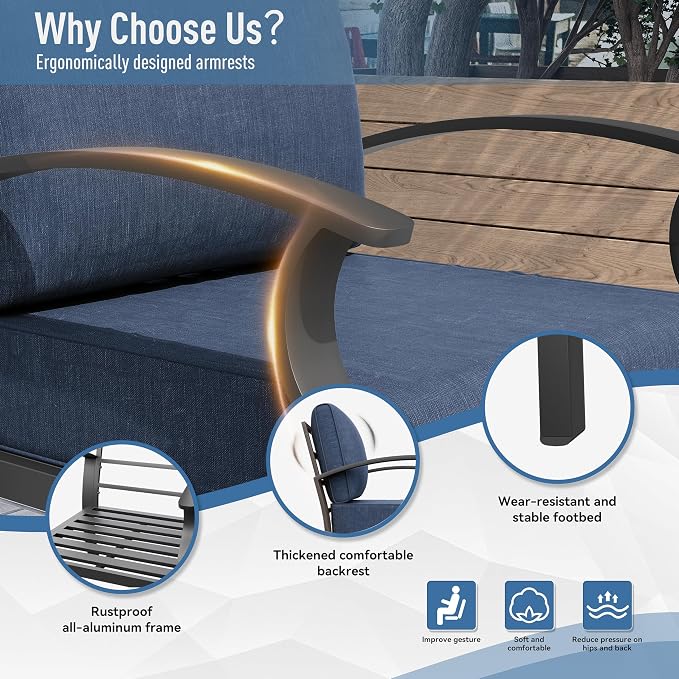 Kurapika Aluminum Patio Furniture Set 10-Seat Modern Metal Outdoor Conversation Sets w/5.1 Inch Cushion Patio Sectional Sofa with Rectangular Coffee Table, Navy Blue