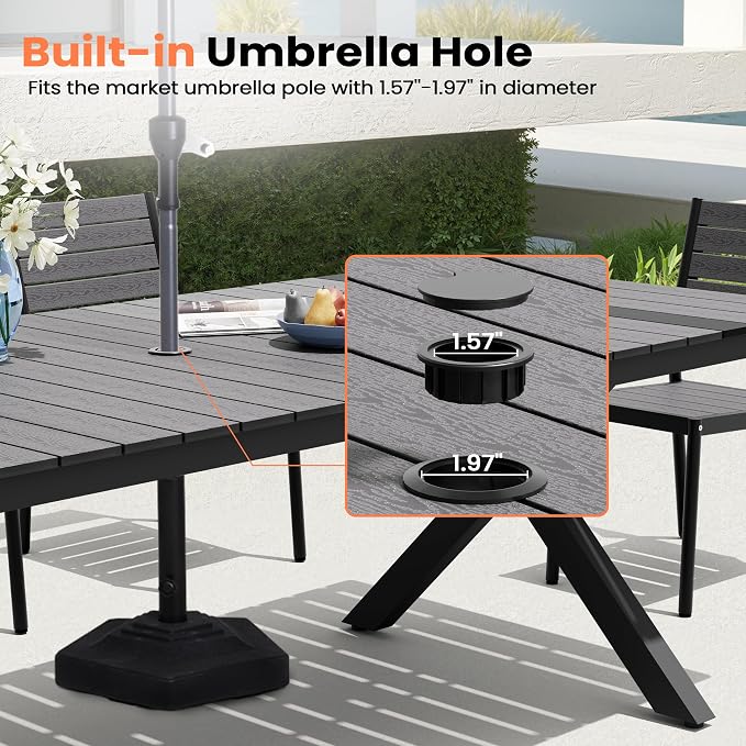 Pellebant Outdoor Dining Set for 8, 9 Pieces Aluminum Patio Table and Stackable Armless Chairs with Umbrella Hole & Wood-Like Top, Grey