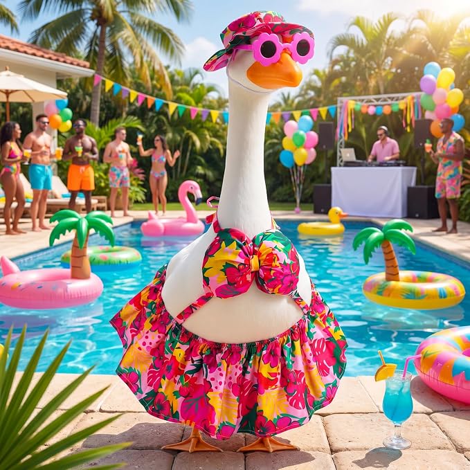 Abbylike Summer Porch Goose Outfits Bikini Hawaiian Tropical Printed Goose Clothes Fits Large 23'' Cement Plastic Statue for Front Door Outdoor Garden Patio Yard Pathway Art Decoration