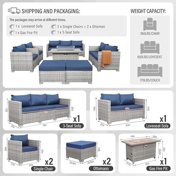 WAROOM Patio Furniture Set 7 Piece Grey Wicker Outdoor Conversation Sets PE Rattan Sectional Sofa with Propane Fire Pit Table and Anti-Slip Navy Blue Cushion