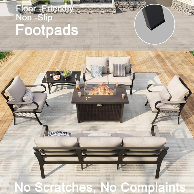 6 Pieces Patio Furniture Set, Metal Outdoor Conversation Sets with Fire Pit Table for Backyard Garden Deck Porch Poolside (Thick Beige Cushions)
