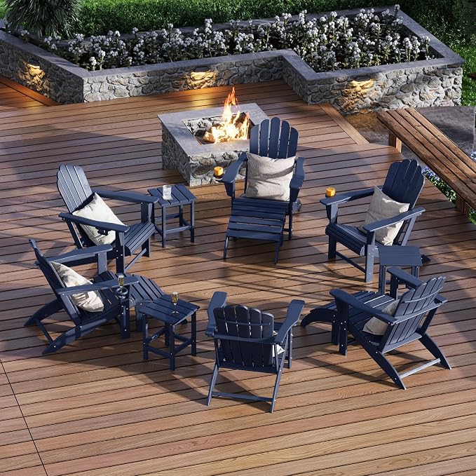 Costaelm Lakeview 12-Piece HDPE Outdoor Patio Furniture Adirondack Chair Conversation Table Set, Navy Blue