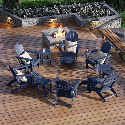 Costaelm Lakeview 12-Piece HDPE Outdoor Patio Furniture Adirondack Chair Conversation Table Set, Navy Blue