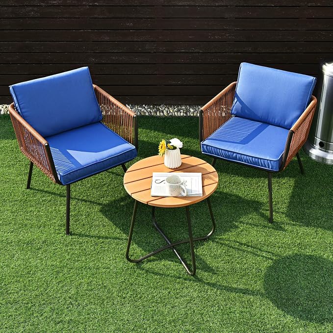 MARURY 3PC Patio Birsto Furniture Set, Outdoor Conversation Set, Cushioned Sofa Armrest Coffee Table Blue, for Porch, Garden, Balcony