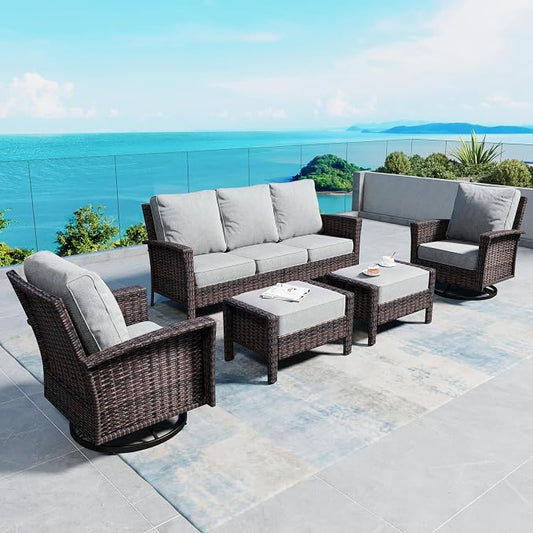 SUNSHINE VALLEY 5 Pieces Patio Furniture Set with Swivel Chairs, High Back Wicker Rattan Sofa with Extra Thick Cushion and Ottoman, Outdoor Conversation Set for Garden Backyard Deck, Grey
