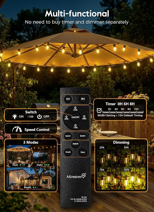 Minetom 79FT Solar String Lights Outdoor Waterproof, S14 Patio Lights | 24 LED Shatterproof Bulb, Remote Type-C Port Timable, 3 Light Modes Dimmable Solar String Lights for Outside, Yard, Camping