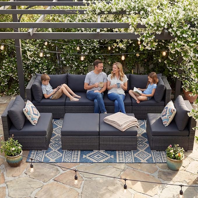 NICESOUL 8 Seater Modern Luxury Outdoor Furniture Set, Extra Large PE Wicker Patio Modular Sectional Sofa with Ottoman, 29.3'' High Back L-Shaped All-Weather Conversations, Deep Seated Grey Color