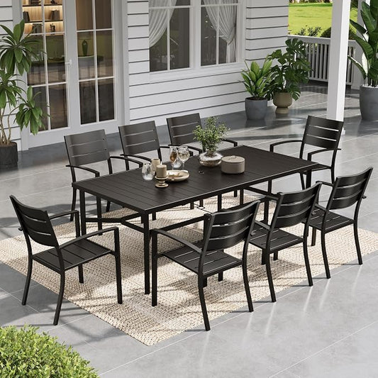 Sophia & William Patio Table and Chairs Set, Outdoor Dining Set for 8, 9 Piece Metal Patio Furniture, 82.7" Black Rectangular Table
