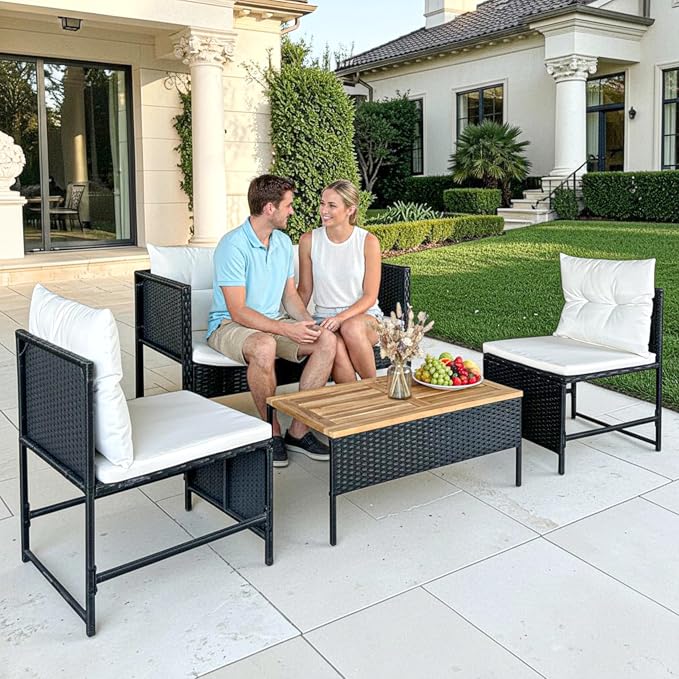 GIANGSUNNY 4 Piece Patio Furniture Set with Acacia Wood Table, Outdoor Hand-Woven Wicker Rattan Conversation Set, Weather-Resistant Seating for Patio, Balcony, Porch, Garden (Black)