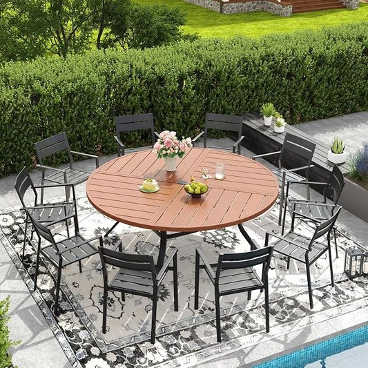 DIFY 11 Piece Outdoor Patio Dining Set for 10, 63" Round Dining Table with Umbrella Hole and Stackable Metal Chairs, Patio Table and Chairs Set for Backyard Garden Poolside, Walnut & Black
