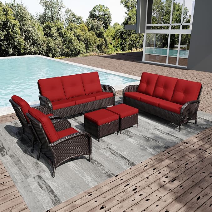 Joyside Wicker Patio Furniture Set, 6 Piece Outdoor Furniture Set with Thickened Cushions, High Back, Deep Seating, Wide Armrest, Rattan Outdoor Chairs for Porch, Deck
