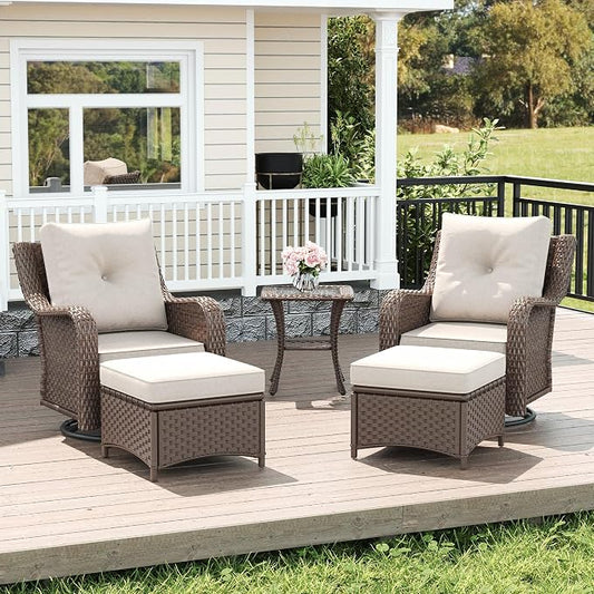 LayinSun 5 Piece Wicker Outdoor Furniture Set with 6-inch Comfy Cushions, High Back Patio Furniture Set with Swivel Rocking Chairs and Side Table