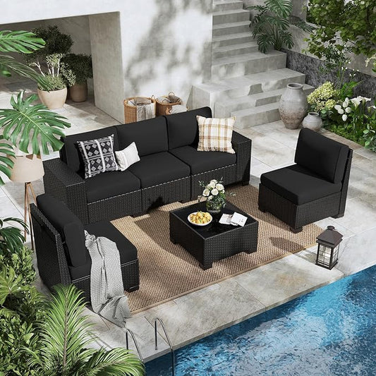 6 Piece Patio Furniture Set, Outdoor Furniture with Thick Cushions, Black Wicker Conversation Set Sectional Sofa for Backyard, Poolside, Garden and Lawn (Black, 6 pcs w/Table)