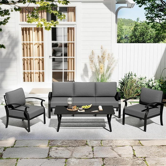 Aluminum Patio Furniture Set with Rectangular Coffee Table, 5 Seats Outdoor Patio Conversation Sets w/5.1" Cushions,Patio Conversation Sets for Garden, Backyard, Porch-Grey