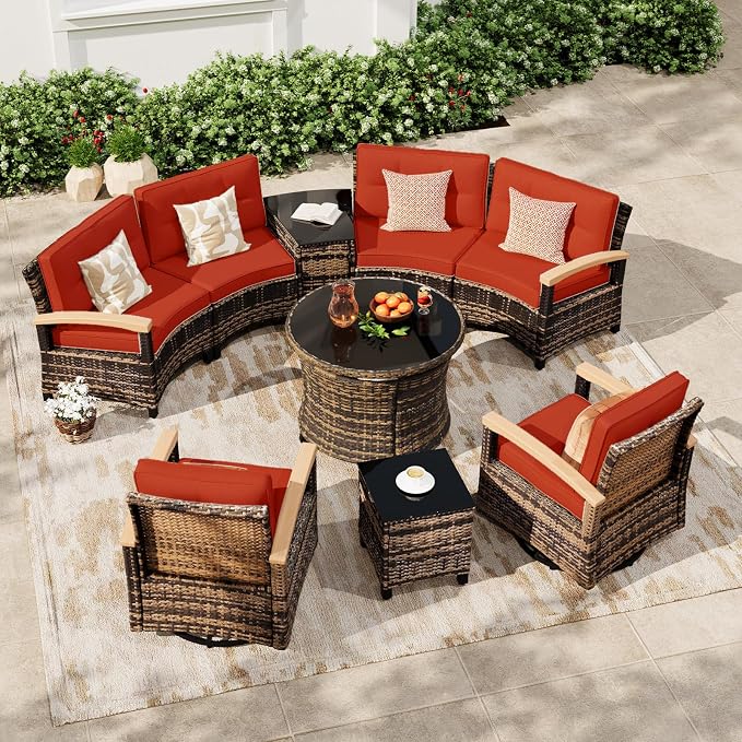 MEISSALIVVE 9-Piece Half-Moon Curved Outdoor Patio Furniture Set, Sectional Conversation Sofa with 2 Swivel Glider Chairs, Round Coffee Table for Backyard Deck Garden, Red