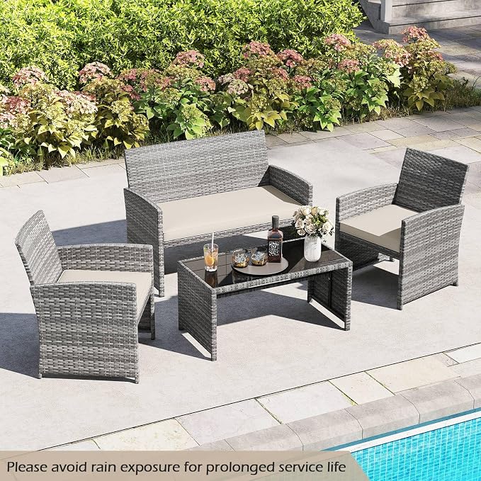 RELAX4LIFE 4-Piece Patio Furniture Set - Wicker Rattan Outdoor Sectional Sofa Set w/Glass Coffee Table, Loveseat, 2 Chairs & Soft Cushions, Bistro Conversation for Garden Porch (1, Grey-Off White)