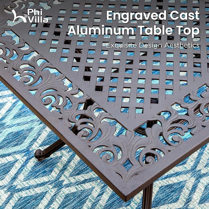 PHI VILLA Patio Dining Set, Swivel Chairs, Cast Aluminum Table | Cast Aluminum chairs, Bronze (Swivel Chairs), 2.3 umbrella hole, 360° swivel, rocking, Cushions, E-coated