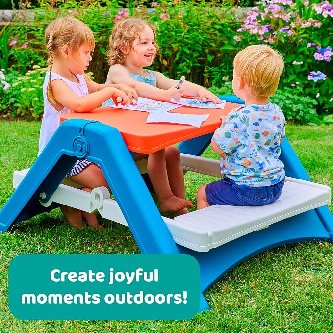 Fun N Fold Picnic Table for Kids – Indoor Outdoor – Red White and Blue Lightweight Foldable Picnic Table – Quick and Easy Storage – Toddlers Age 2 and up