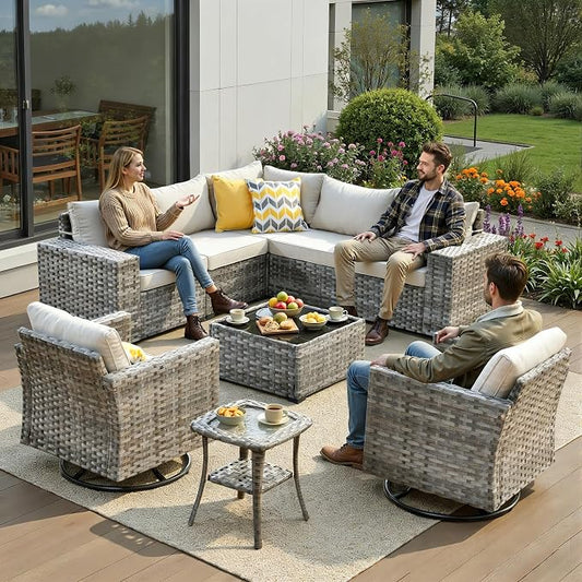 9 Pieces Patio Furniture Set, Wicker Outdoor Sectional Sofa with Swivel Chair Comfy Cushions, Modern Modular Deep Seat Rattan Couch Conversation Set for Backyard Porch Yard,Beige