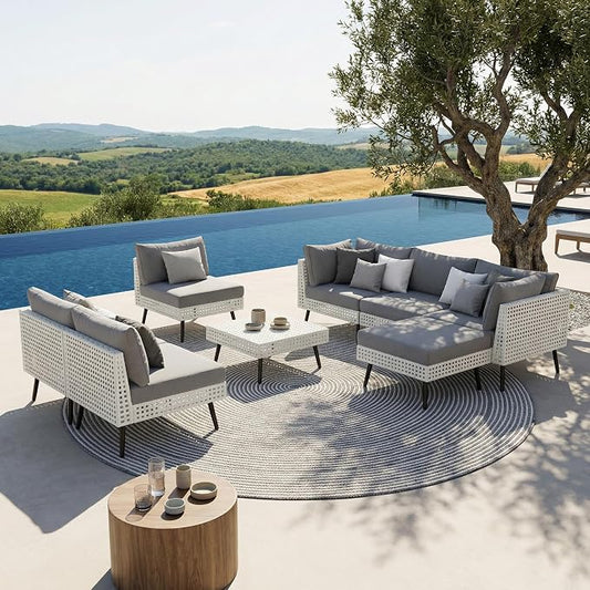 8 Piece Patio Furniture Sets, Modular Patio Sectional Conversation Sets with Upgraded Cationic Fabric Cushions & Outdoor All-Weather Handwoven Open Weave Wicker for Garden, Poolside, Backyard