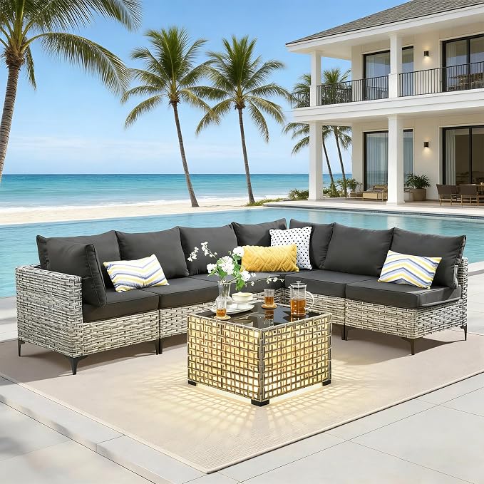 7 Pieces Patio Furniture Set with Solar Light Coffee Table, All-Weather Rattan Outdoor Sectional Conversation Sets L Shaped Sofas with Thick Cushions for Outside Porch Balcony Backyard Black