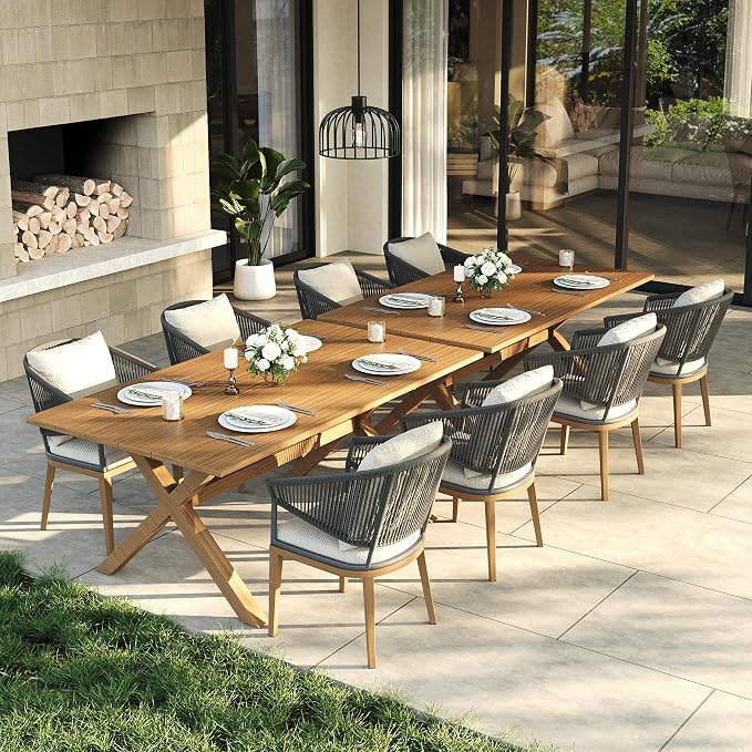 LayinSun 10 Piece Outdoor Dining Table Set, Aluminum Modern Rectangular Dining Table and All-Weather Wicker Chairs Set for Patio Deck Indoor Decor Kitchen