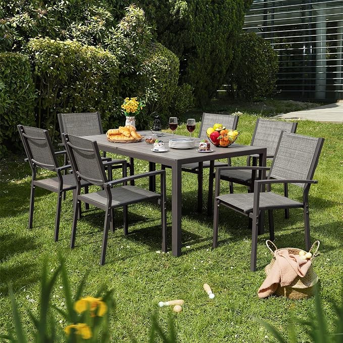 Flamaker Patio Dining Set 7 Piece Metal Frame Outdoor Furniture with 6 Textilene Chairs and Rectangular Table Family Kitchen Conversation Set for Backyard, Lawn (Grey)